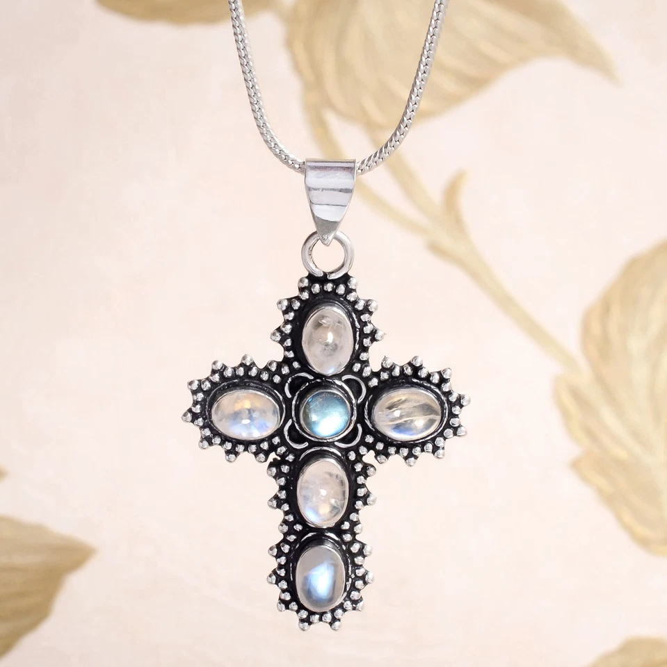 Colgante de plata de ley 925 con cruz de piedras preciosas y piedras preciosas de labradorita arco iris Foto 2 de 4