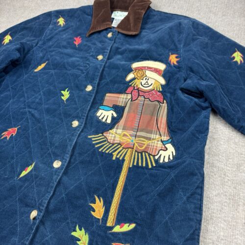 Quacker Factory Women's M Corduroy Jacket Blue Embroidered Scarecrow Fall Leaves - Picture 2 of 14