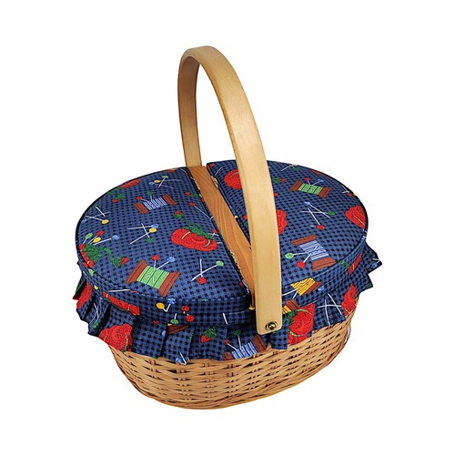 Sewing Craft Basket Double Lid With Handle Wood Fabric Woven Vintage - Picture 9 of 22