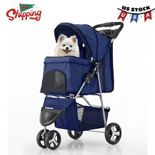 3 Wheels Pet Stroller, Foldable Dog Cat Cage Jogger Stroller with Weather Cover