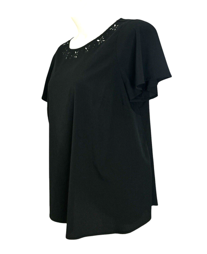 Lane Bryant Black Cutout Design Round Neck Flutter Sleeve Career Top, 18 20 2X - Picture 4 of 9