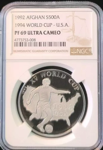 1992 AFGHANISTAN SILVER 500 AFGHANIS WORLD CUP USA NGC PF 69 ULTRA CAMEO TOP POP
