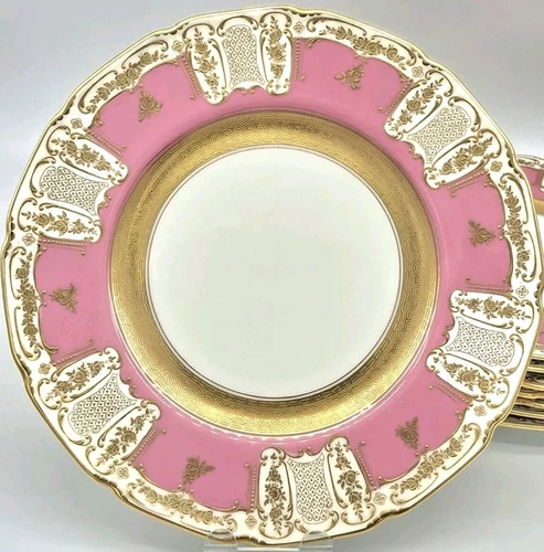 Collectible Royal Doulton Set of 8 Dinner plates w/raised gold,pink,E5236,1913