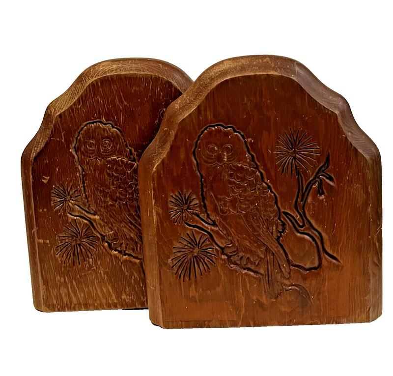 Vintage Carved Wood Owl Bookends ~ PreOwned
