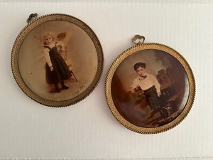 Antique Celluloid Medallion 6" w/ Set of 2 Twisted Brass Photo Frames #305