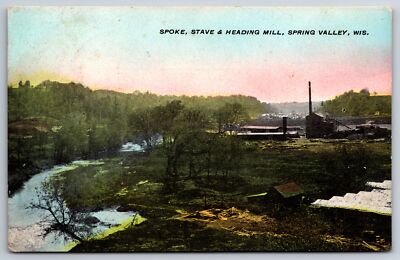 Spring Valley Wisconsin~Spoke Stave & Heading Mill Birdseye View~River~1909 PC