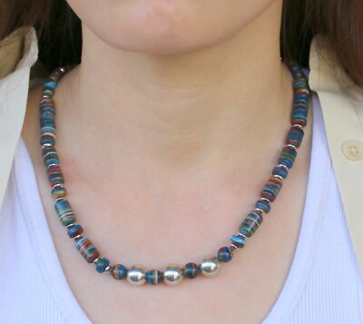 Native American Navajo Running Bear Sterling Beads & Multi-Color Stones Necklace