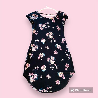 No Boundaries Juniors 7/9 Medium Black T shirt Dress Cherry Blossoms Soft Light