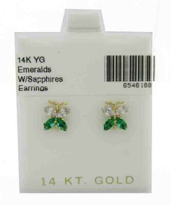 LAB CREATED SMARAGD & WEISSE SAPHIRE OHRSTECKER SCHMETTERLING 14K GOLD *NEU MIT ETIKETT*