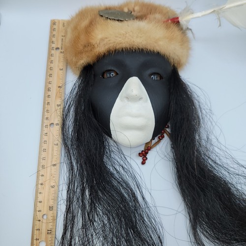 Vintage Native American Art Pottery Mask Horse Hair Face Paint Fur Feather Beads - Picture 6 of 6