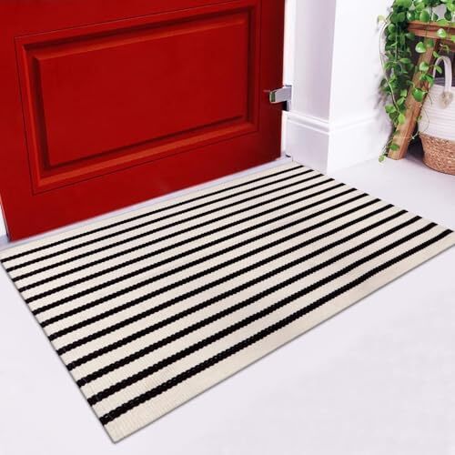 Striped Rug Doormat 24"x35" Washable Front Porch Rug 2'x3' Black and White - Picture 3 of 7