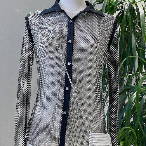 Lady Rhinestone Crystal Shirt Party Blouse Net Sheer Shiny Glitter Club Wear - Picture 8 of 16