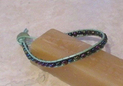 Iridescent Bracelet, Iridescent Purple, Green, Pink, Blue Glass on Mint Leather - Picture 6 of 6