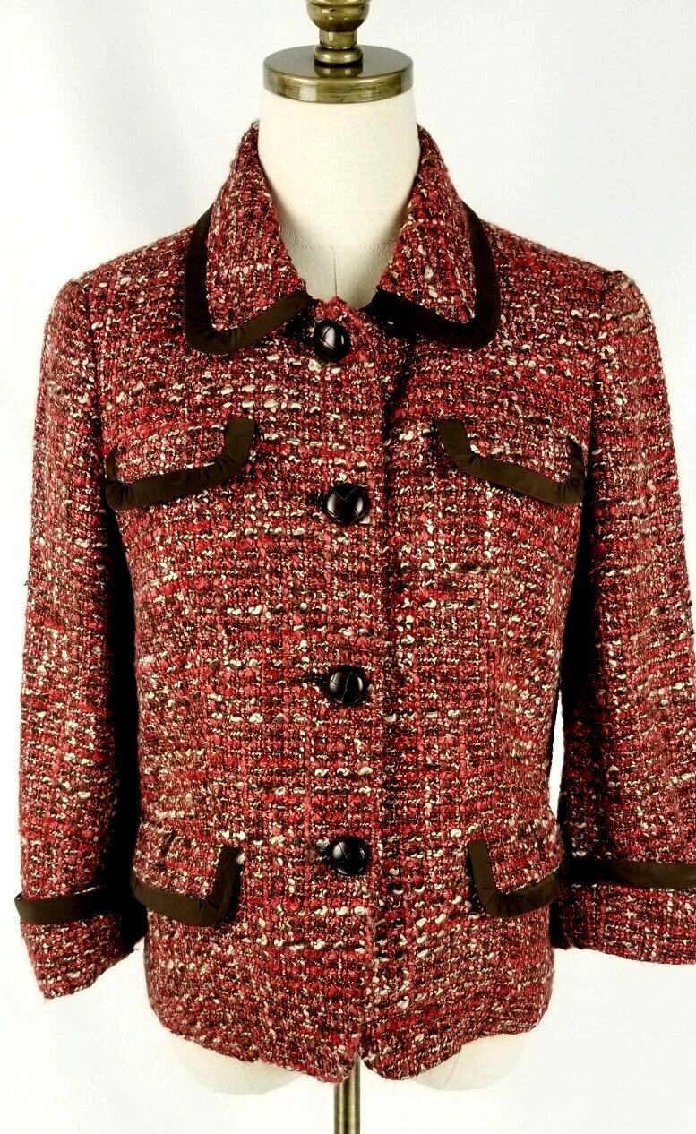 Talbots Womens Jacket sz 6 Red Multicolor Tweed Pockets Lined Button Front