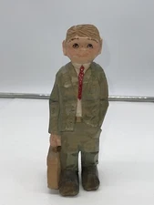 Vintage Signed Doris & Bill AV Carved Wood Business Man Figurine Unreadable