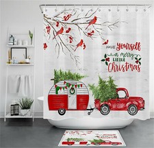 Green Christmas Tree Red Truck Picnic Car Shower Curtain Sets for Bathroom Decor