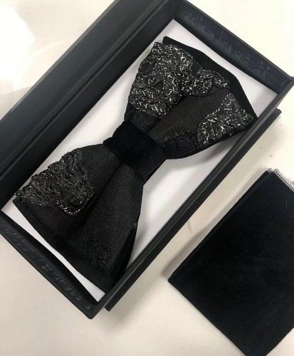 Mens MANZINI TUXEDO BOWTIE NECKTIE With Pocket SQUARE BLACK SILVER BOW TIE NEW - Picture 4 of 4