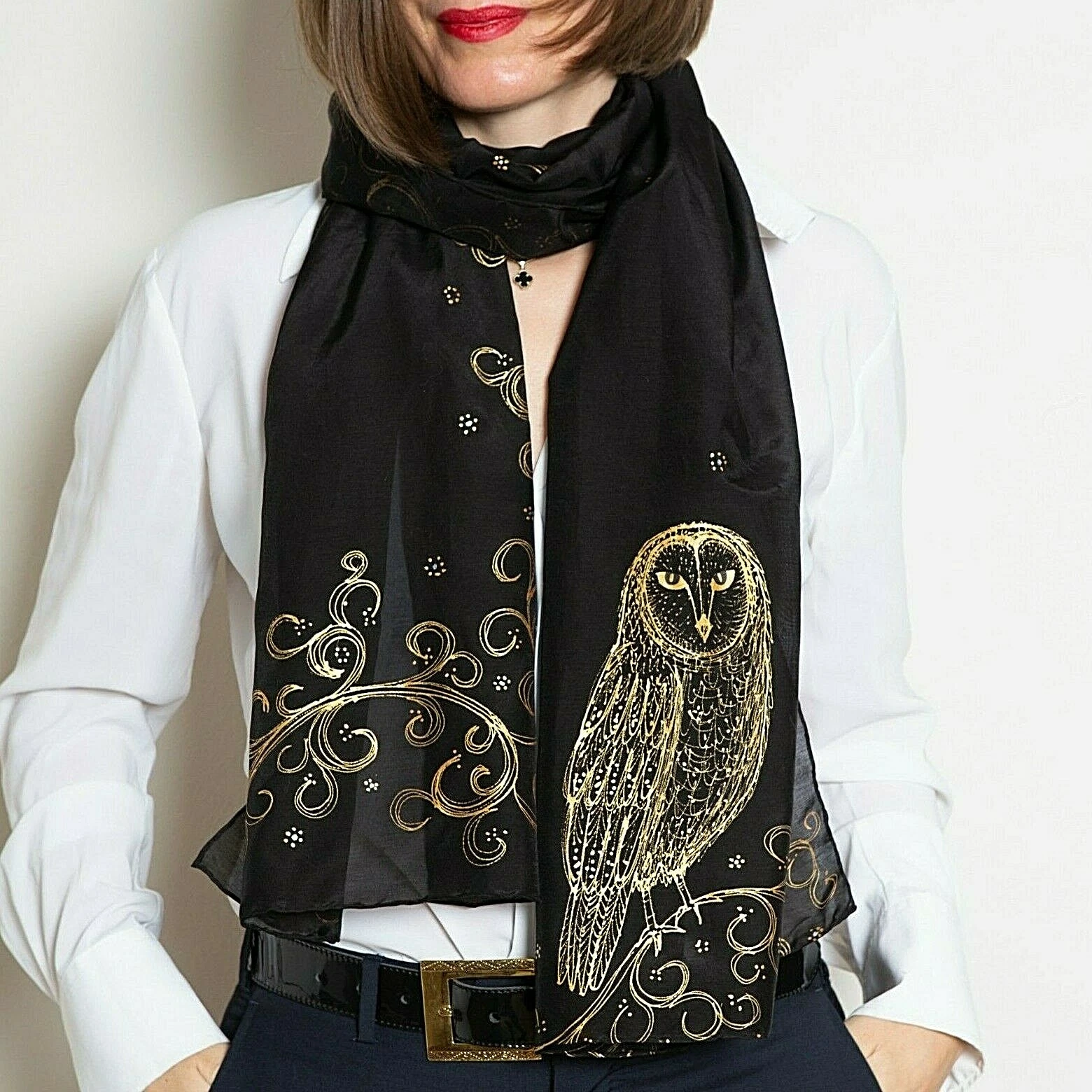 Owl Print Hand Painted Silk Cotton Scarf Barn Owl Black Gold Bird Scarf Gift