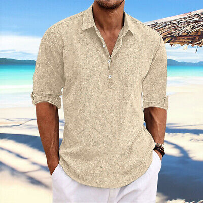 Men's Cotton Linen Lapel Long Sleeve Loose Casual Shirts Solid Color Beach  Shirt 