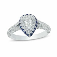 1 Carat White Pear Cut Cubic Zirconia  Blue Sapphire Double Halo Wedding Ring