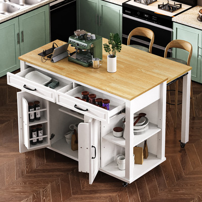 K&K 47 inch Kitchen Island with Extendable Dining Table, Rubber Wood Veneer Ki