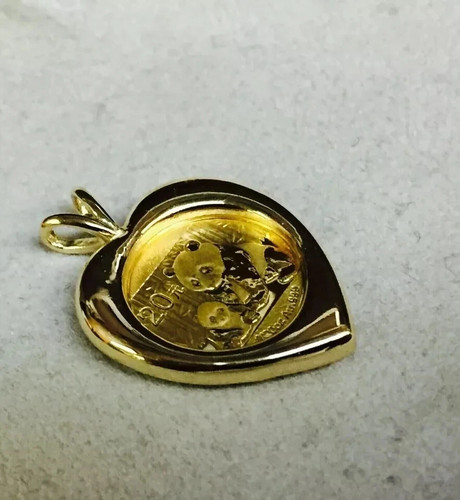 CHINESE PANDA BEAR COIN Heart Shape Pendant 14k Yellow Gold Plated Free Chain - Picture 2 of 3