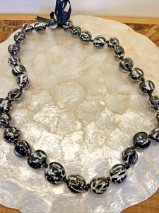 Kukui Nut Lei Necklace Painted Black/ White Black Ribbon Tie