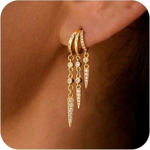 Authentic 14K Gold Plated Triple Illusion Huggie Hoop Dangle Earrings Women Jewelry