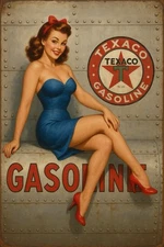 Texaco Gasoline With Pinup Girl Vintage Bomber Style Metal Sign