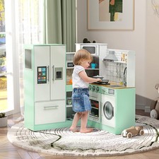 Play Kitchen, Corner Kids Kitchen Playset w/ Chalkboard, Range Hood