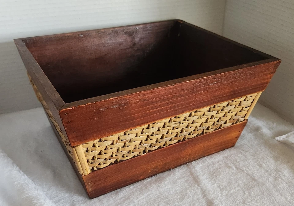 Wooden Trapezoid Box With Rattan Accents - Measures 11"L  X 9"W X 5"H - Image 2 of 4