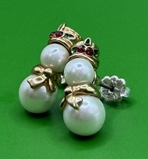 Avon Faux Pearl Snowman  Rhinestone Holly Pierced Post Stud Earrings