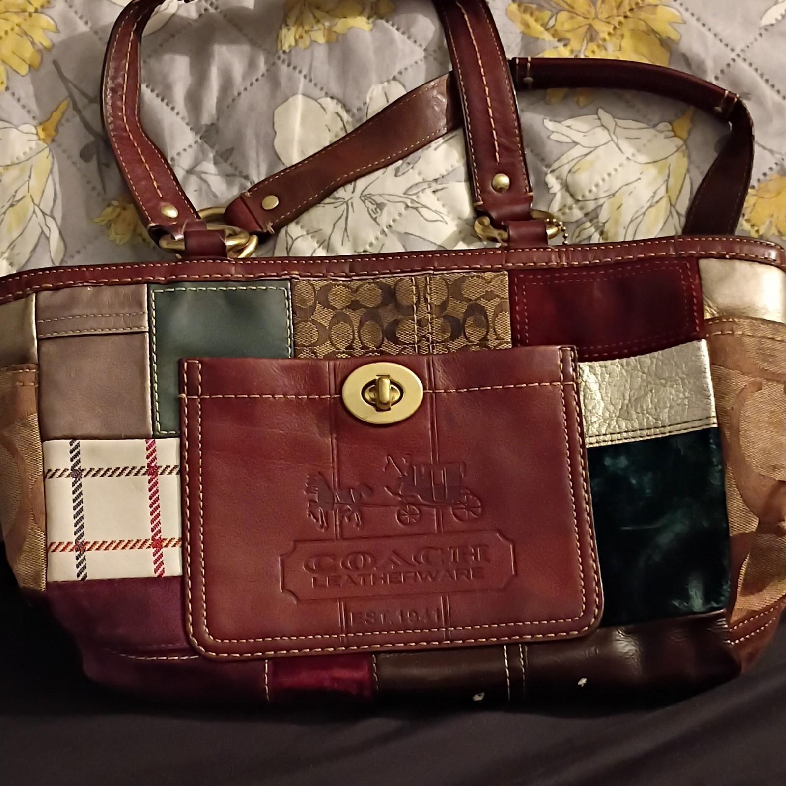 Coach Patchwork Shoulder Bag Turn Lock Brown Burg… - image 1
