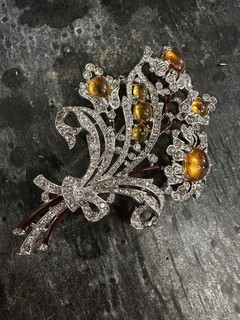 Rare Big Crown Trifari Flower Leaf Brooch Yellow Glass Stone Vintage Pin Signed