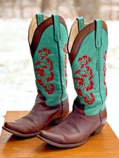 Lane Wmn 10.5 Brown Leather Turquoise Red Floral Hard2Find Cowboy Cowgirl Boots