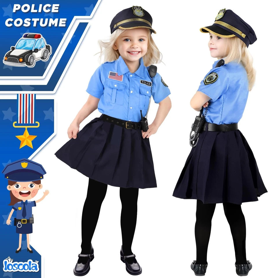Disfraz de oficial de policía para niños, traje de policía de Halloween para niñas 3-12, vestirse Foto 4 de 4