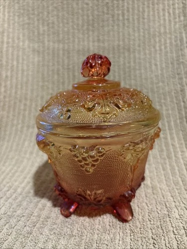 Vintage Jeanette Amberina Harvest Grapes Footed Candy Dish w/Lid Carnival Glass