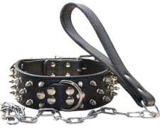 haoyueer Leather Spiked Studded Dog Collar Chain Leash Set XL Black