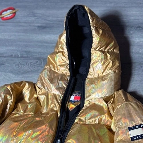 Tommy Hilfiger Gold Holographic Puffer Jacket Hooded Metallic Winter Coat Mens image 2