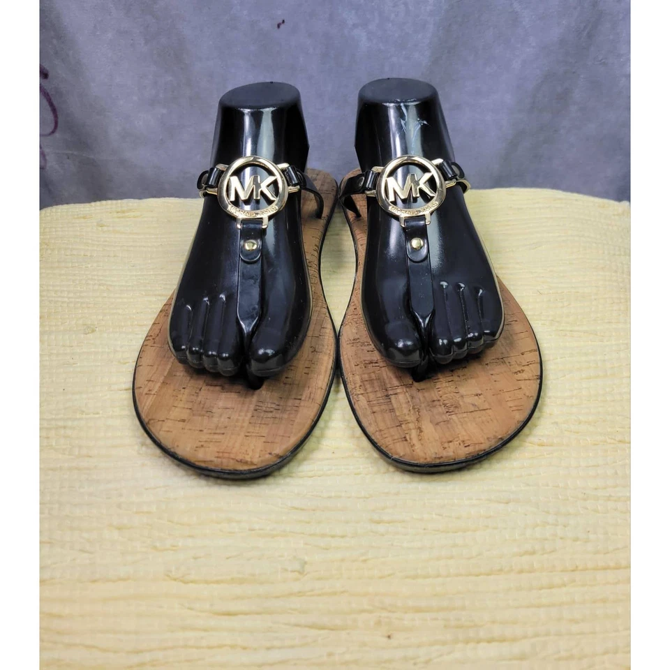 Sandalias Michael Kors MK Logo Plantilla de Corcho Negras Jalea Tanga Para Mujer Talla Foto 2 de 4