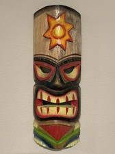 Wooden Tiki Bar Polynesian Style Carved Mask- Painted Sun Motif -12 inches Tall