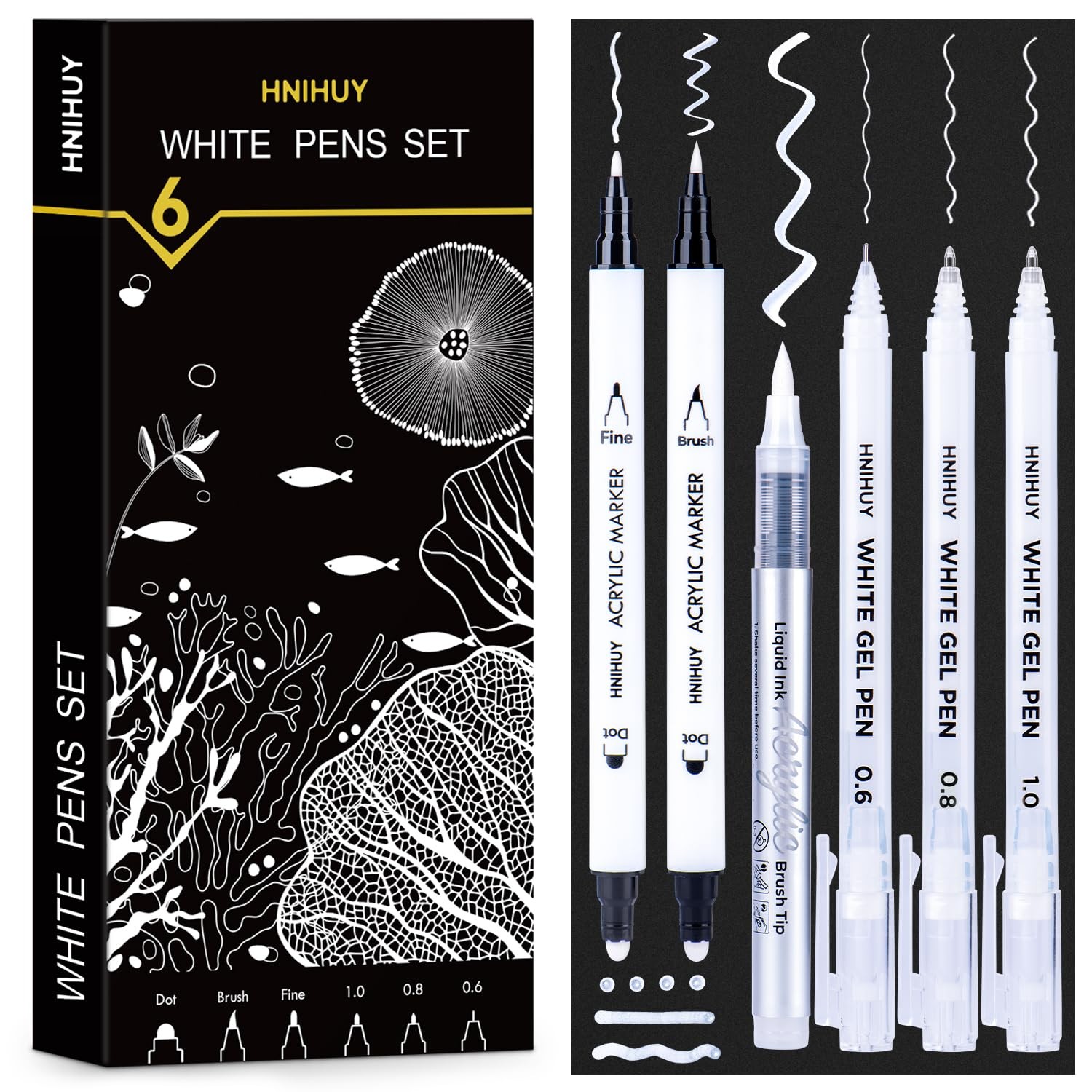 HNIHUY White Ink Pens, Fine Point Gel Brush Tip Acrylic