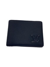 LOUIS VUITTON Folded Wallet Bi-fold Leather Black Plain Mens Used