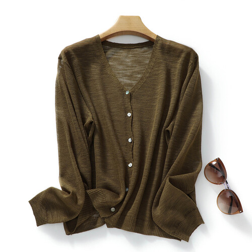 Women Summer Knitted Cardigan Thin Ice Silk Bamboo Linen