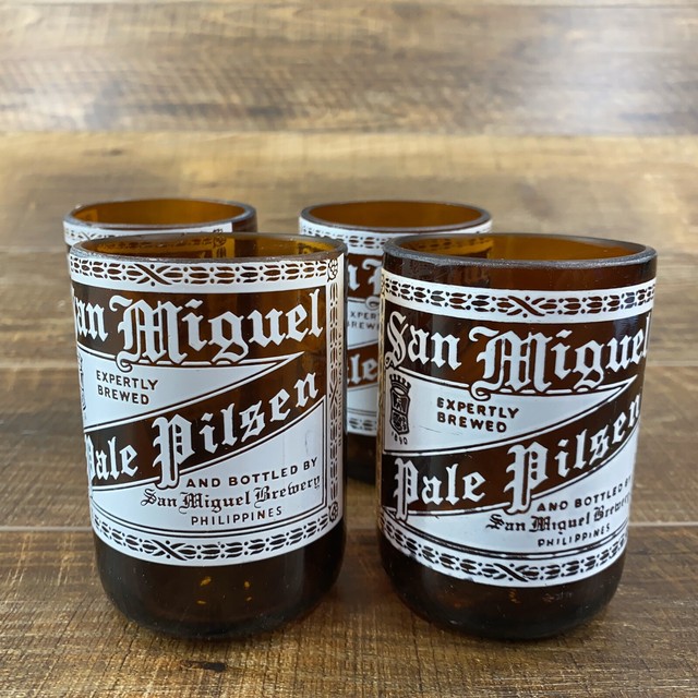 Set of 4 Vintage San Miguel Beer Bottle Cut Glasses Pale Pilsner Amber