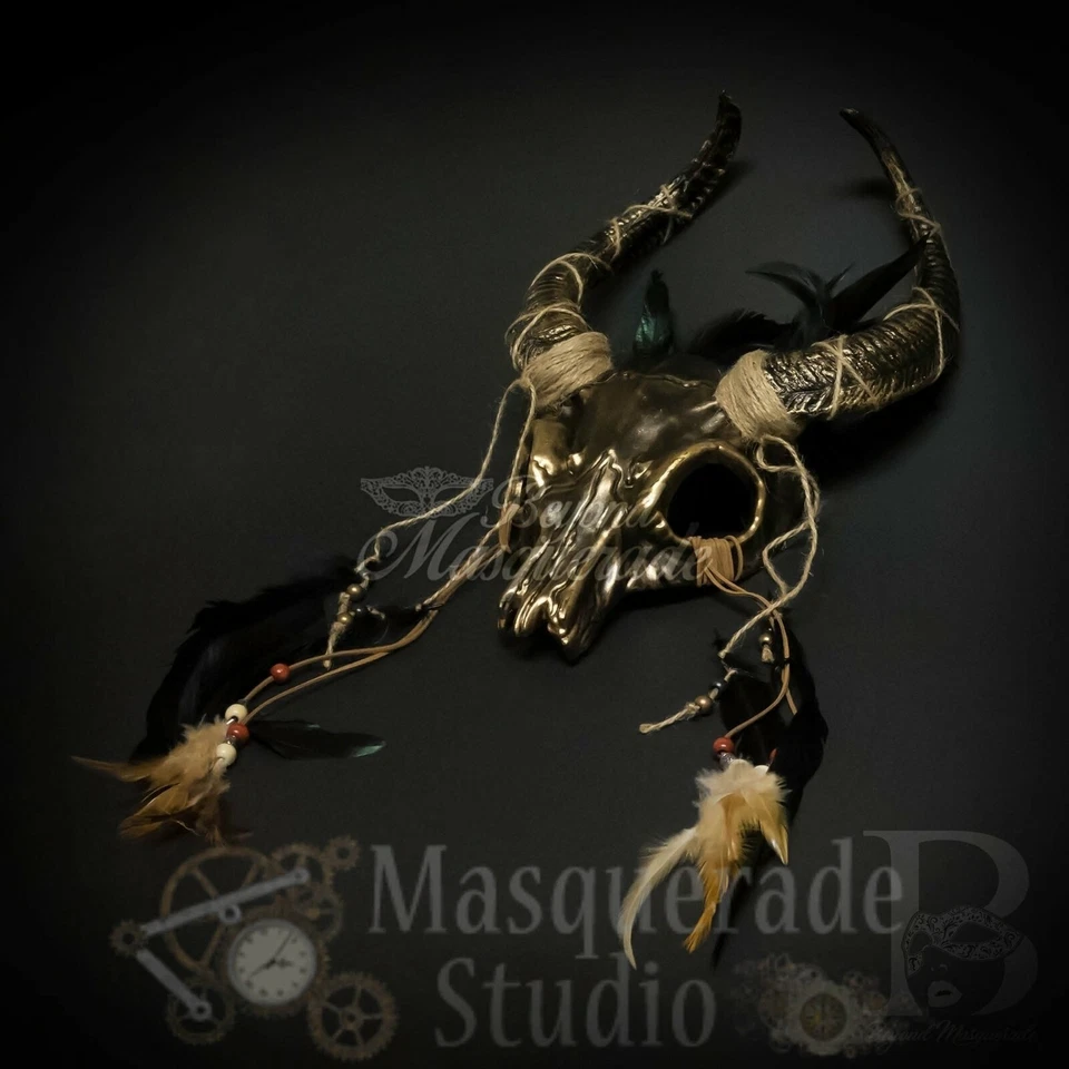 Unisex Ancestral Horned Demon Animal Skull Headdress Masquerade Mask [Gold] - Image 3 of 4