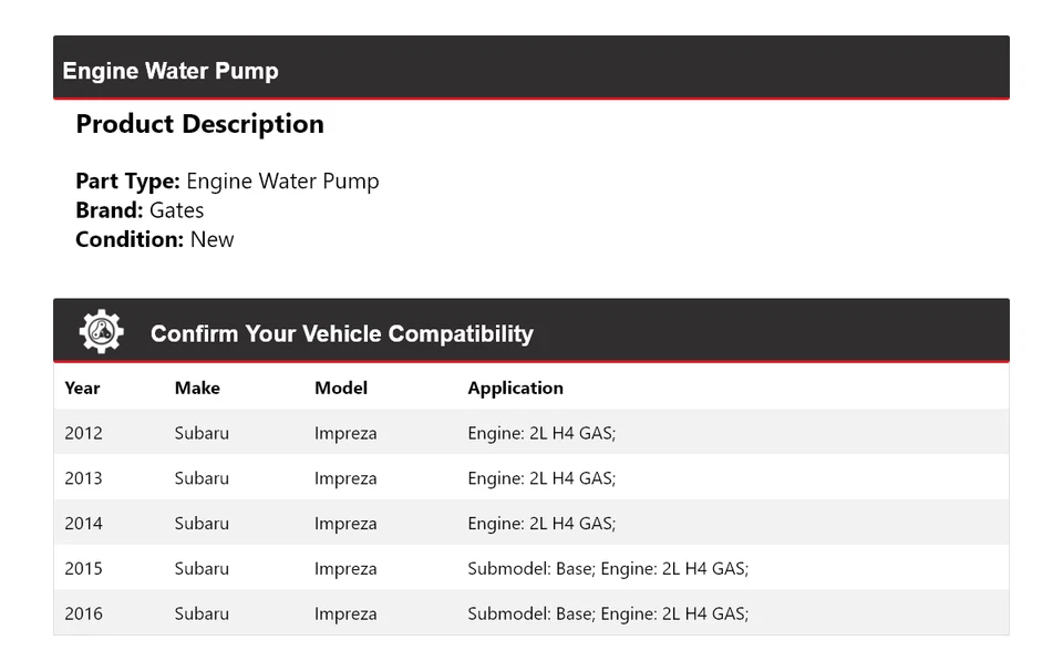 Para Subaru Impreza 2012-2016 2L H4 motor de gas bomba de agua puertas 2013 2014 2015 Foto 2 de 4