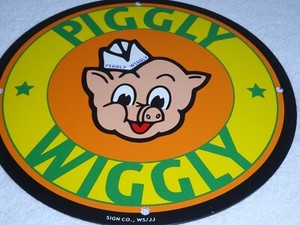 VINTAGE NOS PIGGLY WIGGLY SELF SERVICE GROCERY STORE 11.75" PORCELAIN METAL SIGN