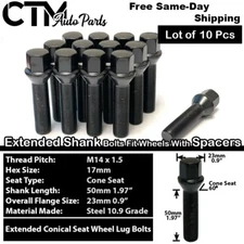 10x Black 14x1.5 Cone Seat Lug Bolt 50mm Shank Fit BMW & EU with 20-25mm Spacer