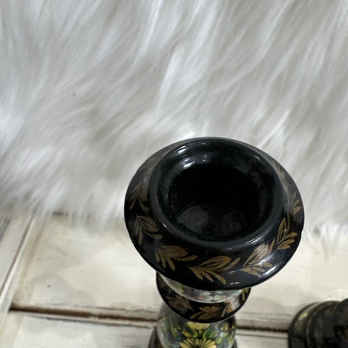 Wood Floral Black Lacquer 8” Candle Sticks Hand Painted Granny Cottage Decor - Picture 10 of 15